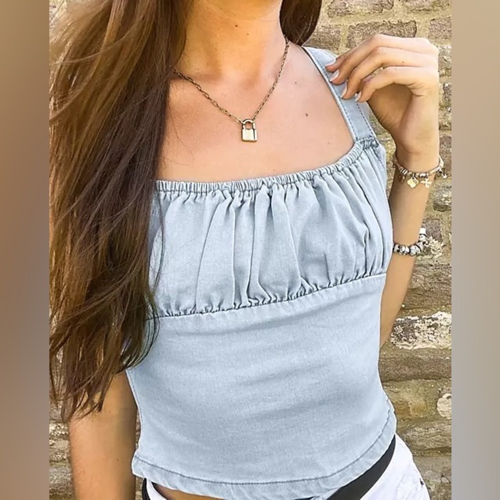 Sold Out Missguided Petite denim crop top with ruched detail in blue